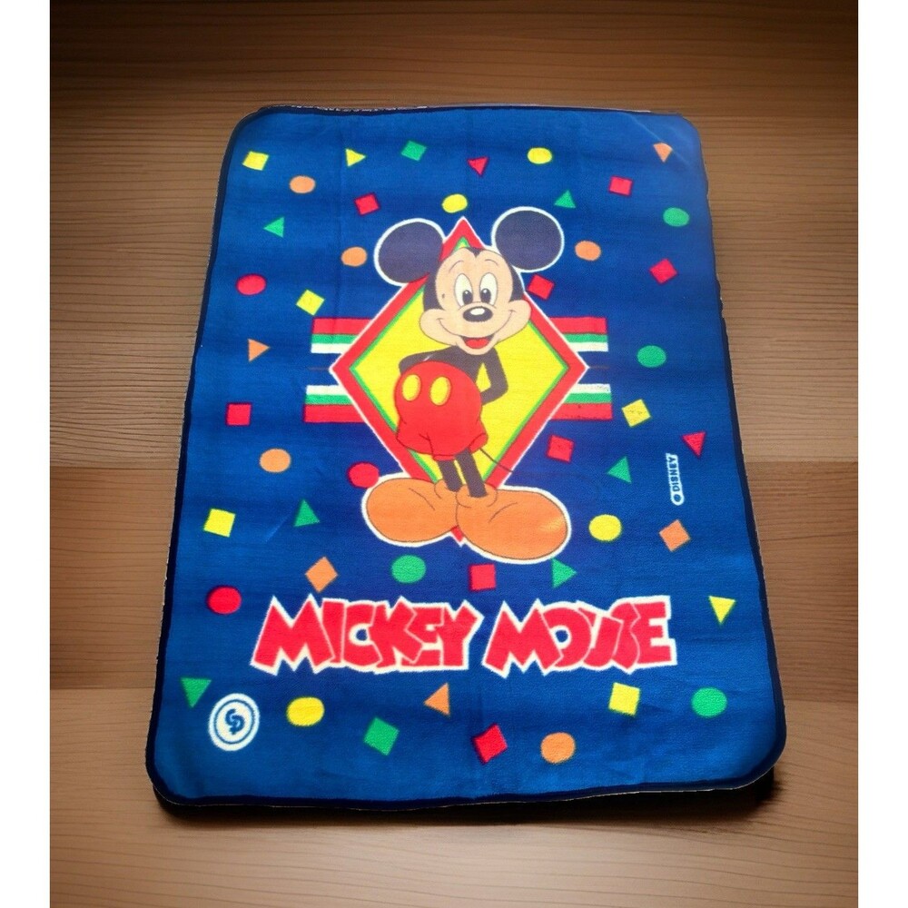 90s Disney Mickey Mouse Twin Blanket Blue Geometric Plush 78x61 Vintage